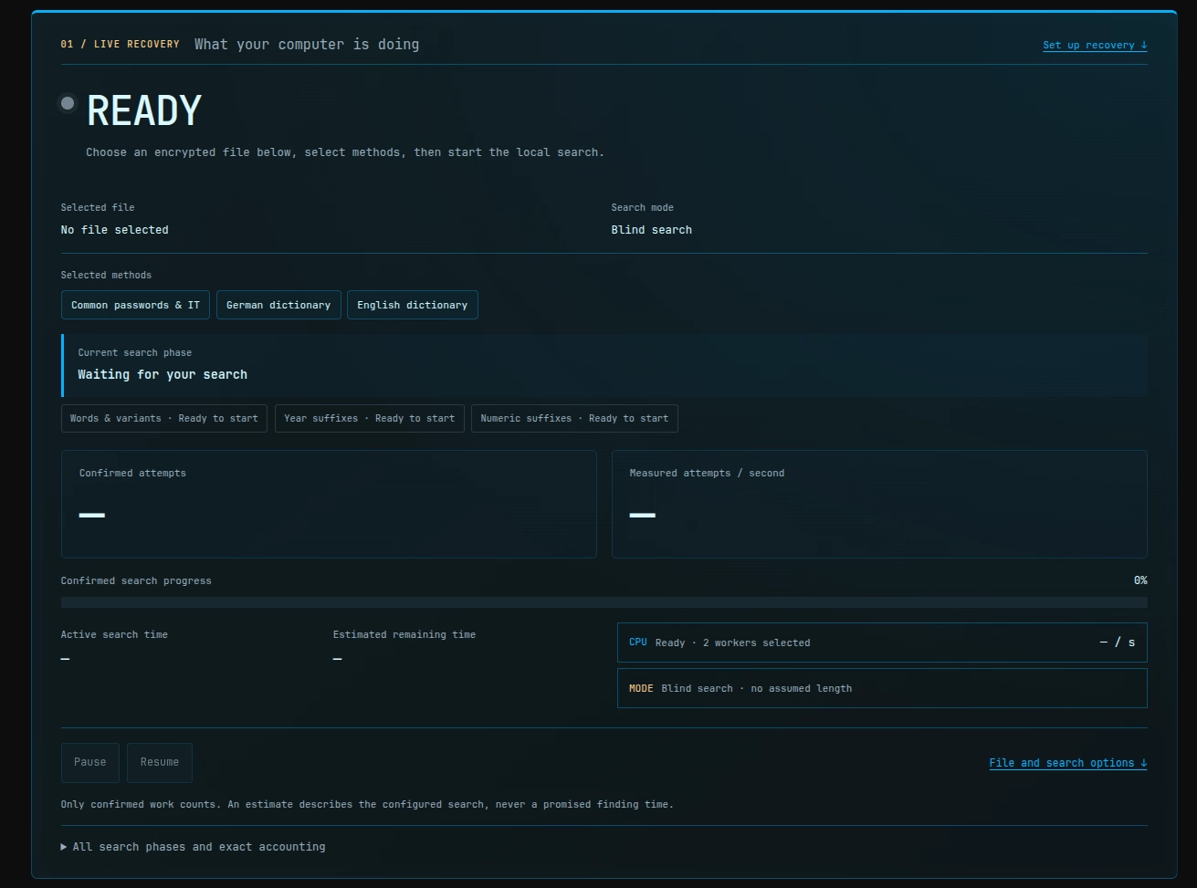 English Archive Recovery Lab dashboard in the ready state before recovery starts, with search phase and counter panels.