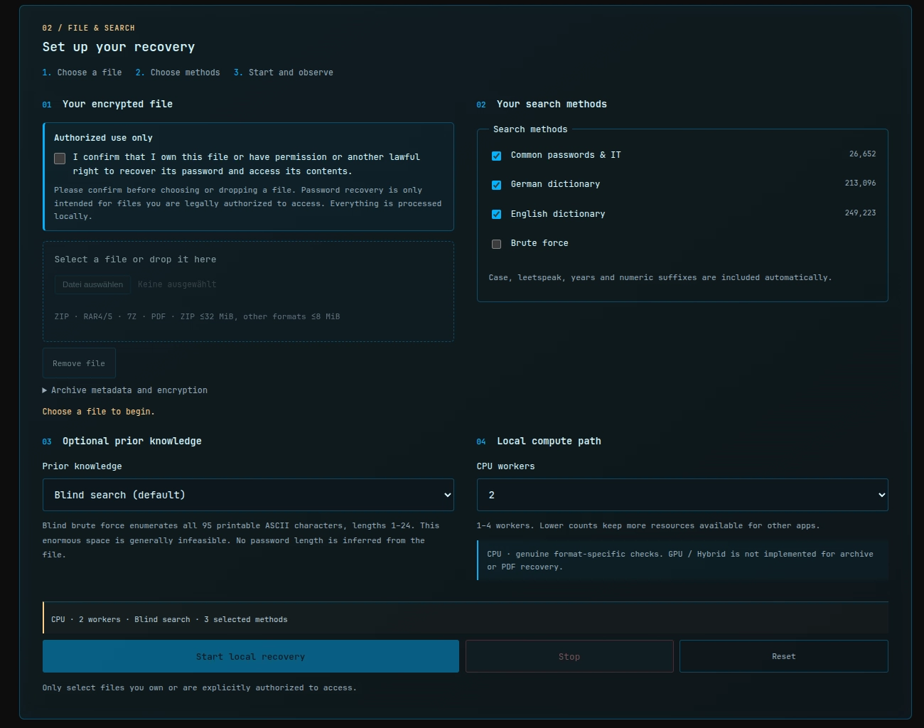 English setup screen of the Archive Recovery Lab showing the permission checkbox, file chooser and search settings.