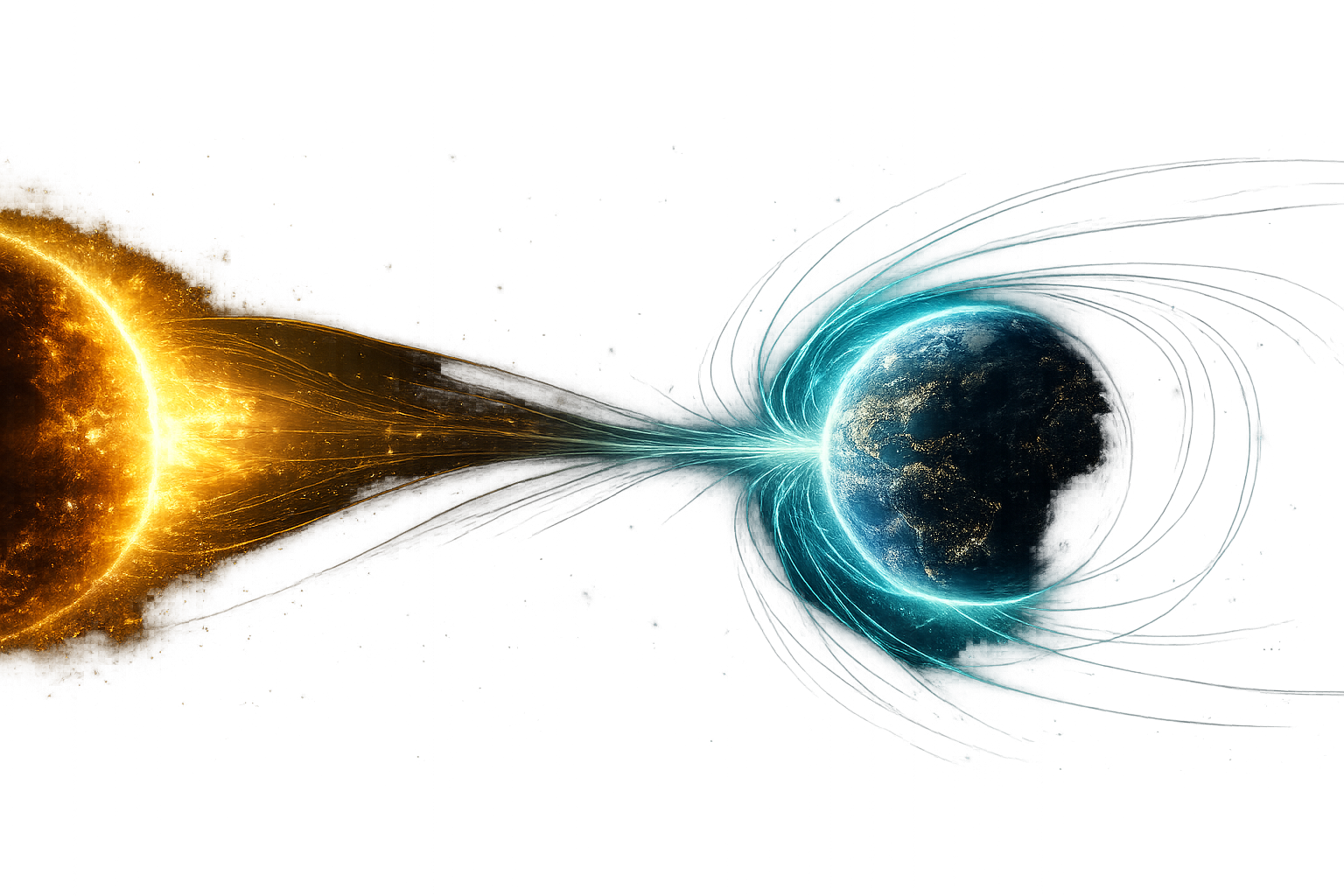 Cinematic illustration of solar wind streaming from the Sun toward Earth and cyan magnetosphere field lines.