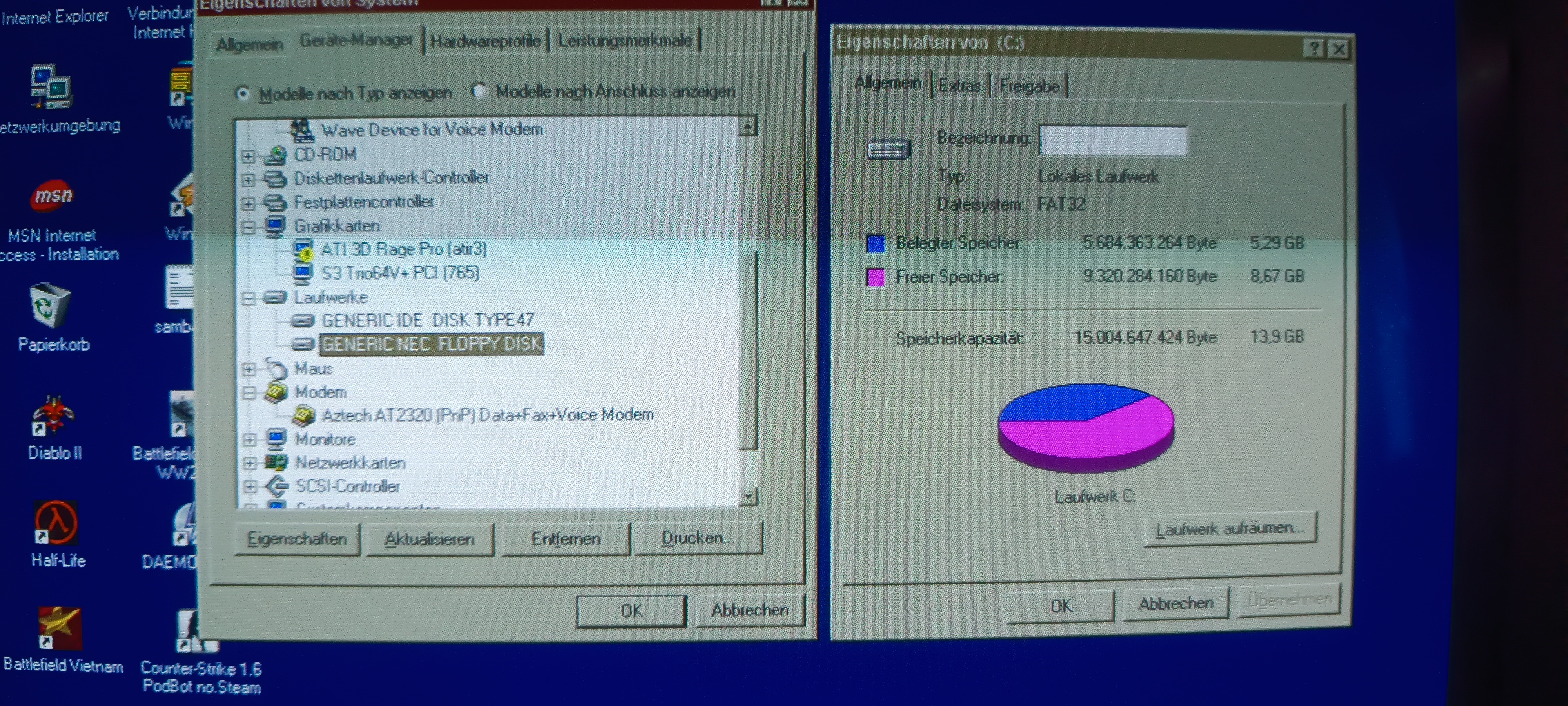 Windows 98 system information showing SCSI storage hardware