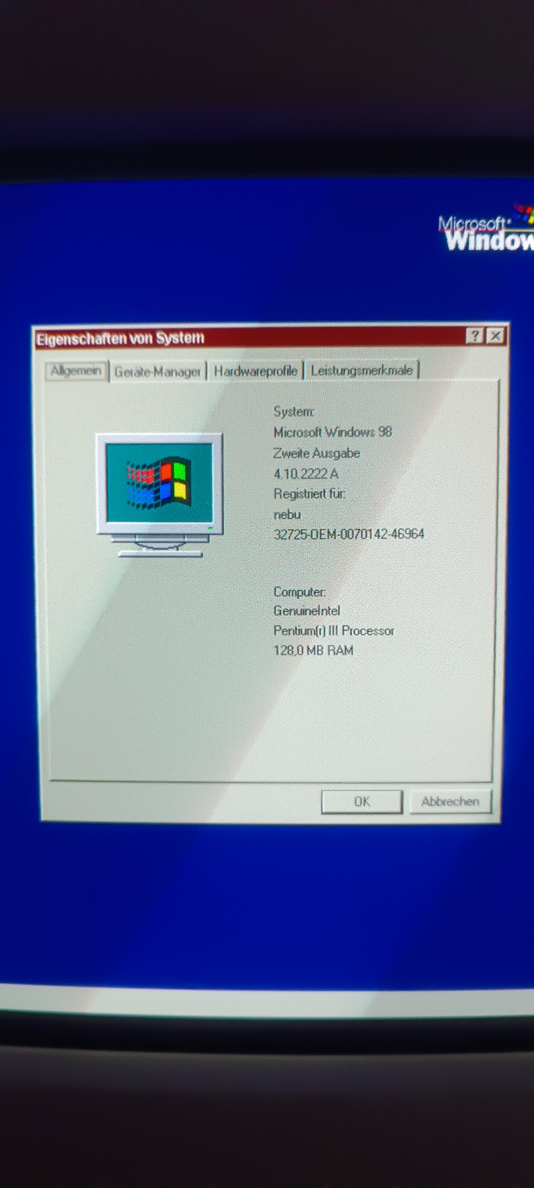 Windows 98 System Properties on the upgraded computer