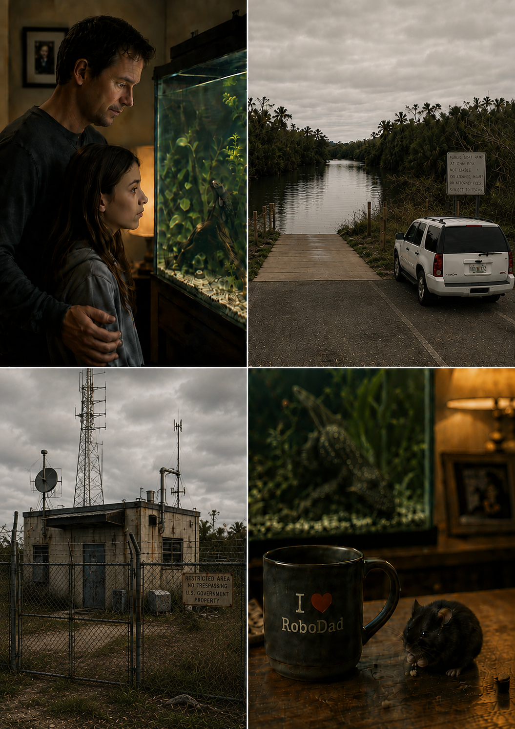 Four-scene collage from The Lost Administrator: Michael and Emma beside the aquarium, the white GMC Yukon beside a boat ramp, an old fenced communications site, and Michael’s RoboDad mug beside Byte the hamster.
