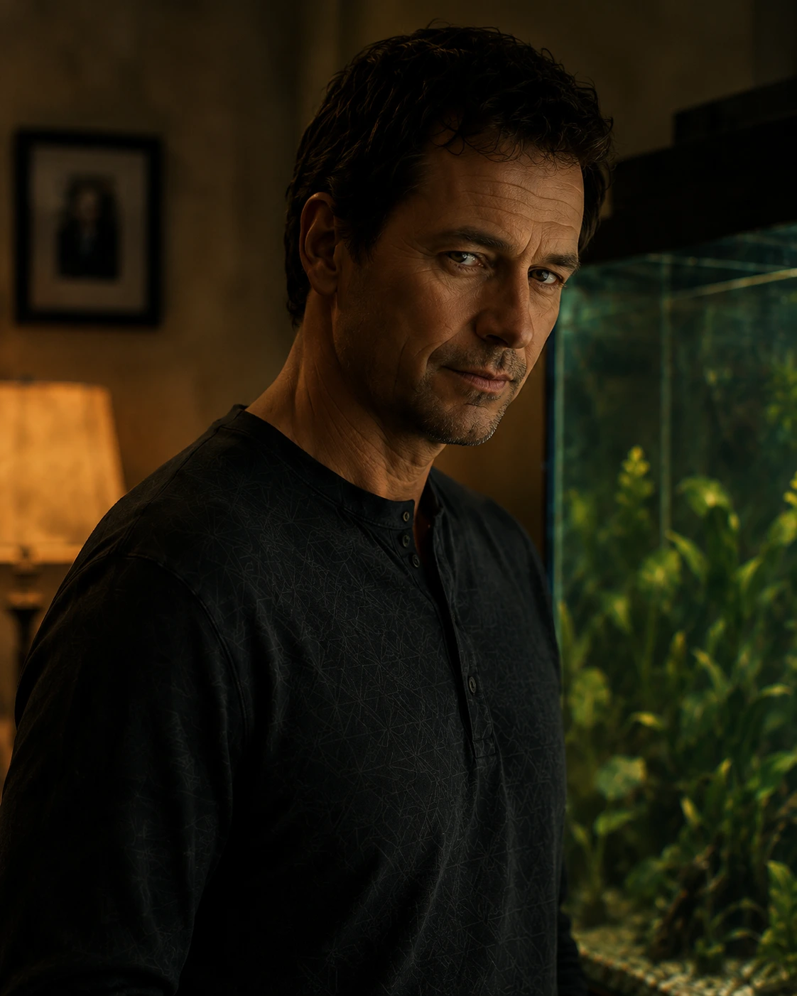Michael Weber beside the aquarium in his home
