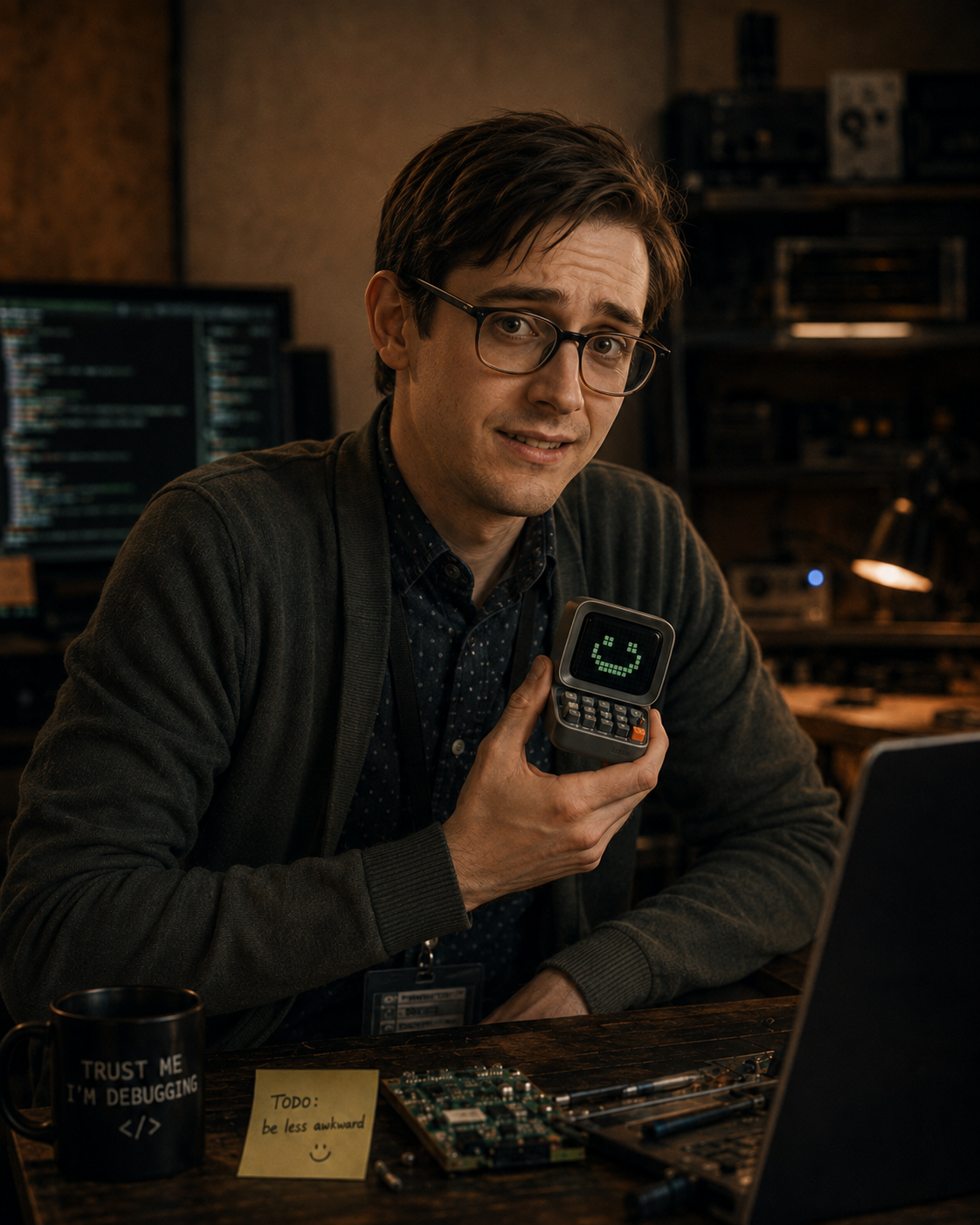Steve Harper at his cluttered technical workspace